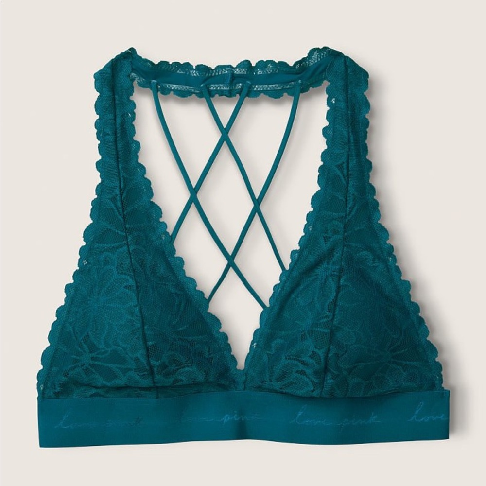 PINK Victoria’s Secret Lace Strappy Back Halter Bralette in Blue Coral